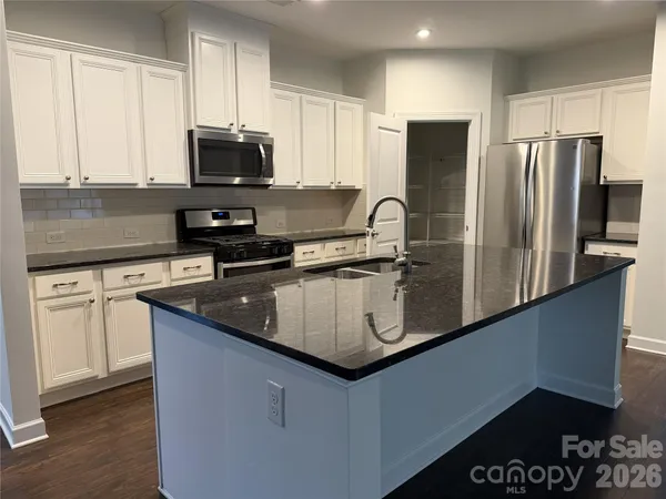 a kitchen with stainless steel appliances granite countertop a sink a stove a refrigerator a microwave and cabinets