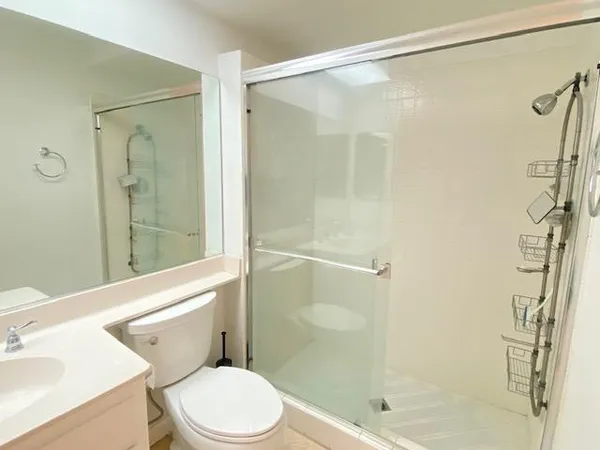 a bathroom with a shower a toilet and a sink