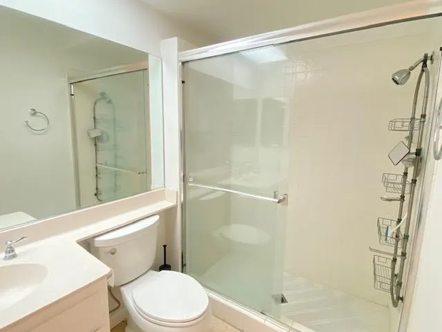 a bathroom with a shower a toilet and a sink