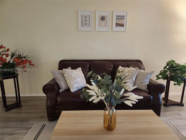 a living room with furniture flowerpot and a rug