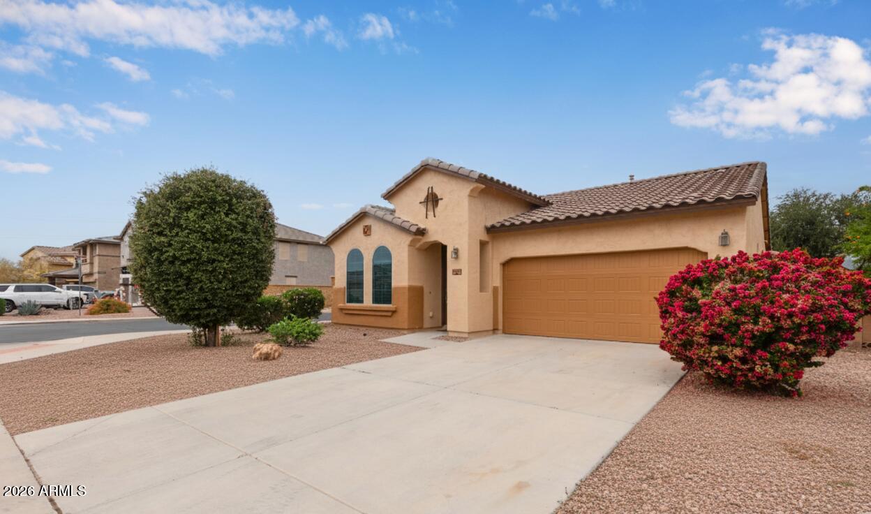 41334 West Rio Bravo Drive Maricopa, AZ 85138 - Photo 41 of 43 a front view of a house with a yard and garage