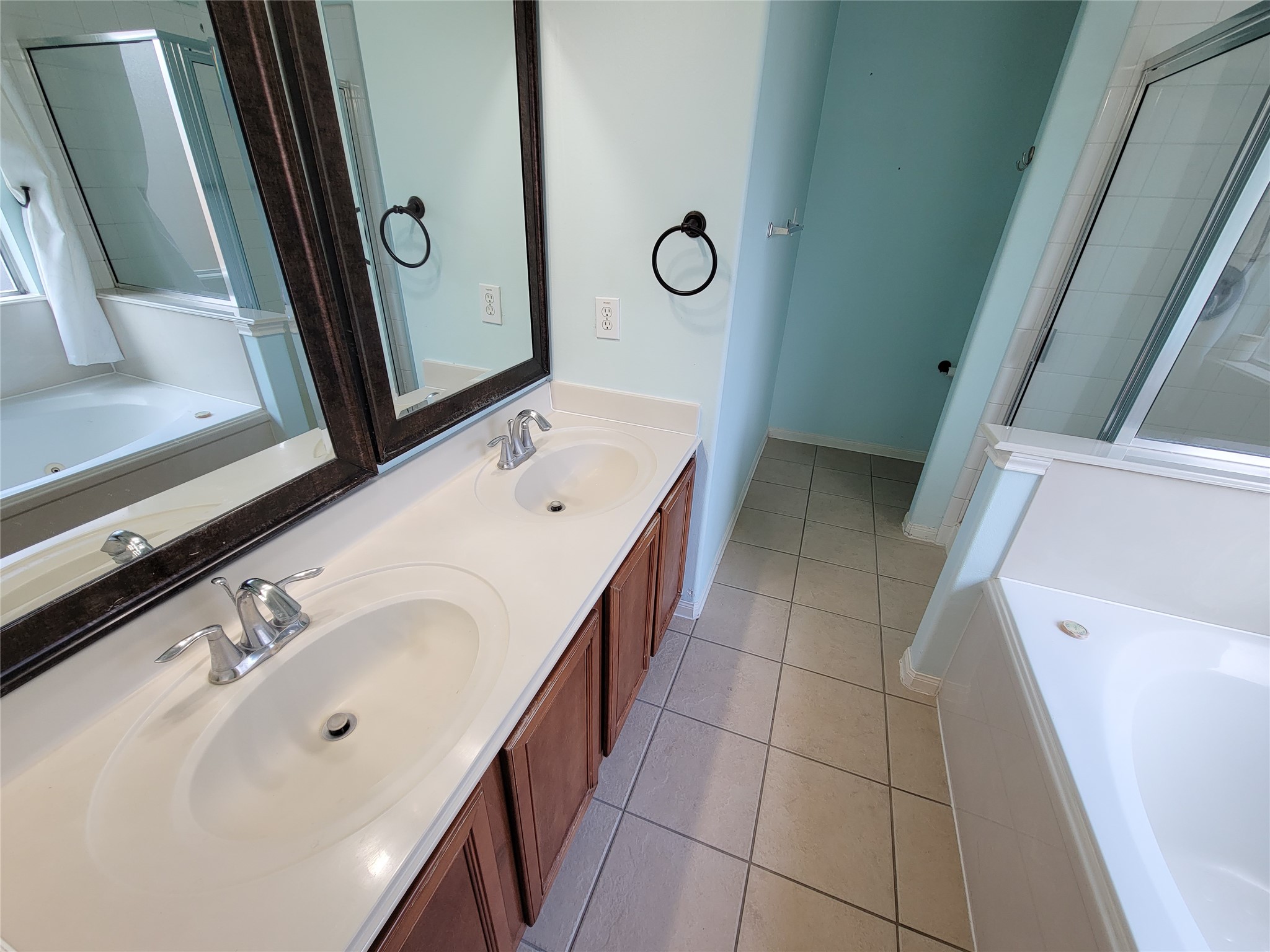 25223 Hazel Ranch Drive Katy, TX 77494 - Photo 8 of 20 a bathroom with a double vanity sink a mirror and a bathtub