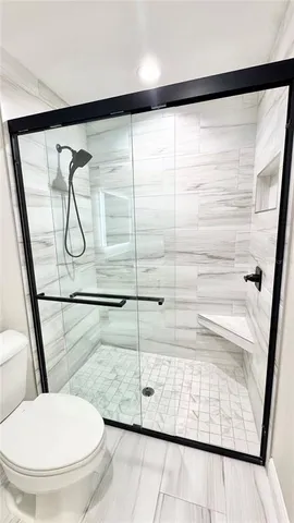 a bathroom with a shower and a toilet