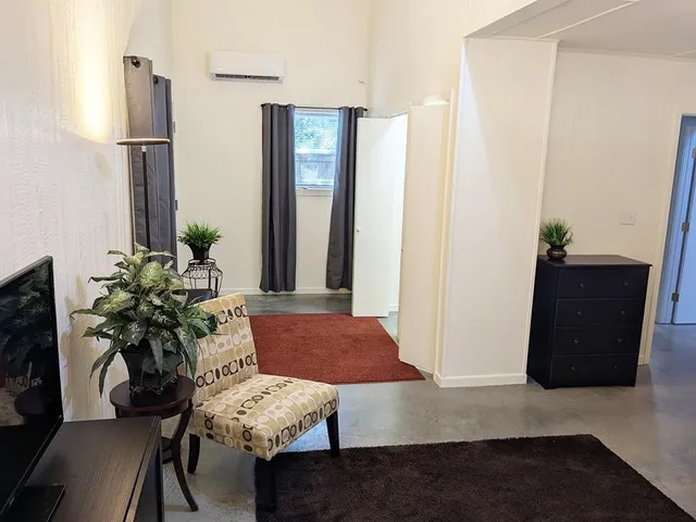 a view of a livingroom with furniture and a potted plant