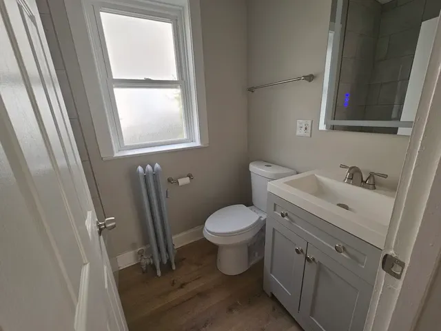 a bathroom with a toilet sink and a mirror
