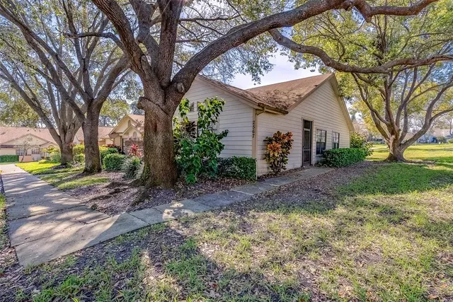 a view of a house with a yard and tree s