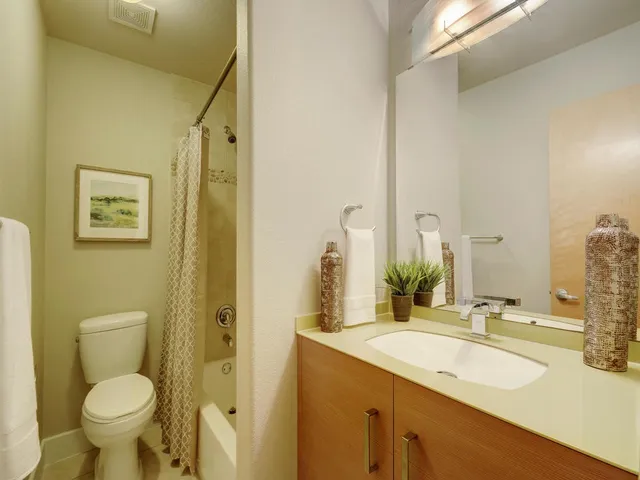 a bathroom with a granite countertop sink toilet and a mirror
