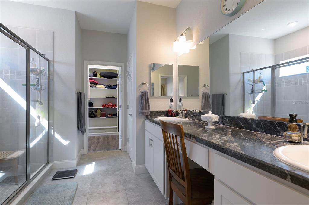 4444 Devinshire Fields Loop Plant City, FL 33567 - Photo 15 of 38 a bathroom with a granite countertop sink a mirror and a shower