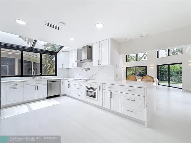 a kitchen with stainless steel appliances a refrigerator and a stove top oven
