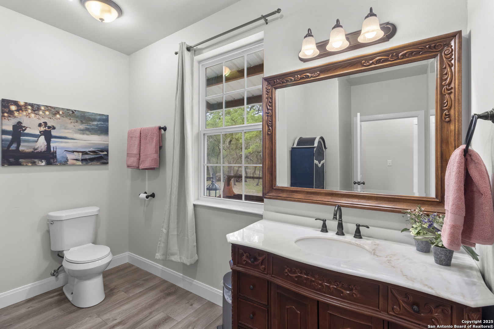 792 Alamo Beach Road Pipe Creek, TX 78063 - Photo 22 of 70 a bathroom with a sink a toilet and a mirror