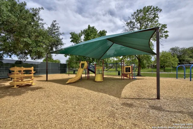 a view of a park with slide