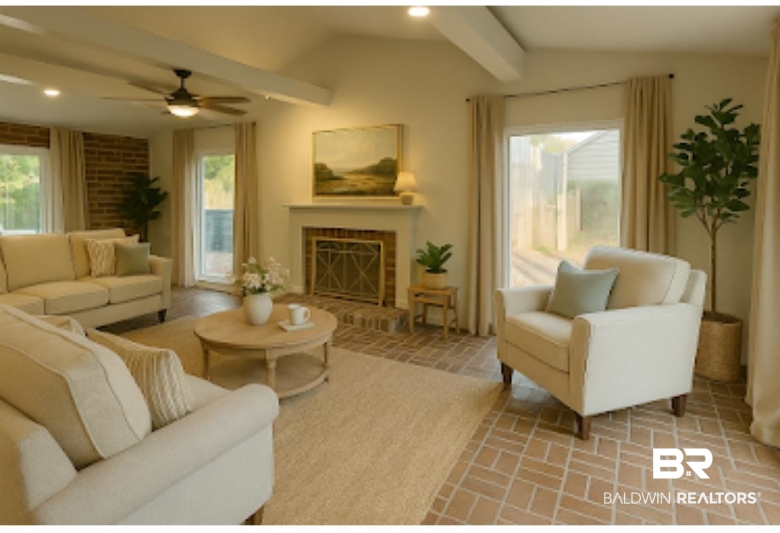 159 Conway Drive West Mobile, AL 36608 - Photo 9 of 24 Living area with a fireplace with raised hearth, brick floors, a ceiling fan, and recessed lighting