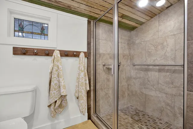 a bathroom with a shower and toilet