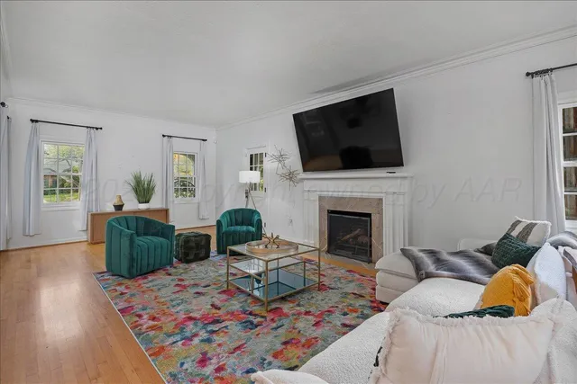 a living room with furniture and a fireplace