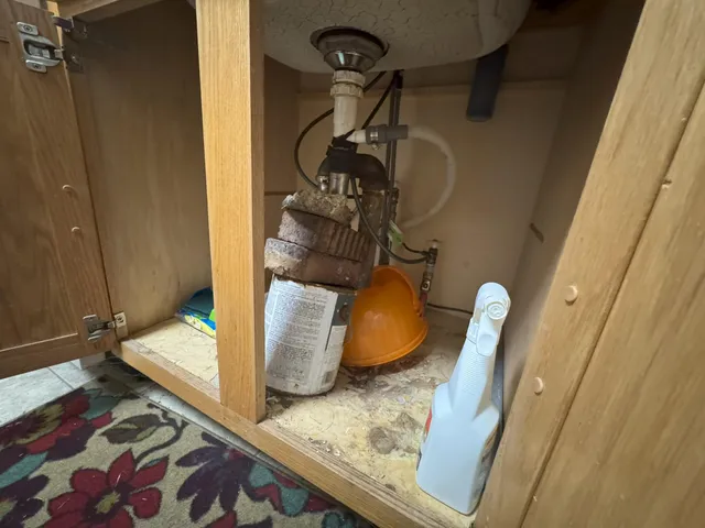 a spacious bathroom with a granite countertop sink and a refrigerator