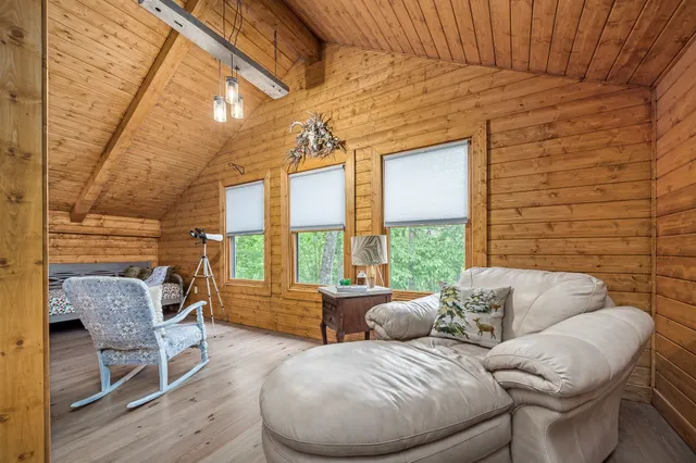 a view of a field with an ocean and trees