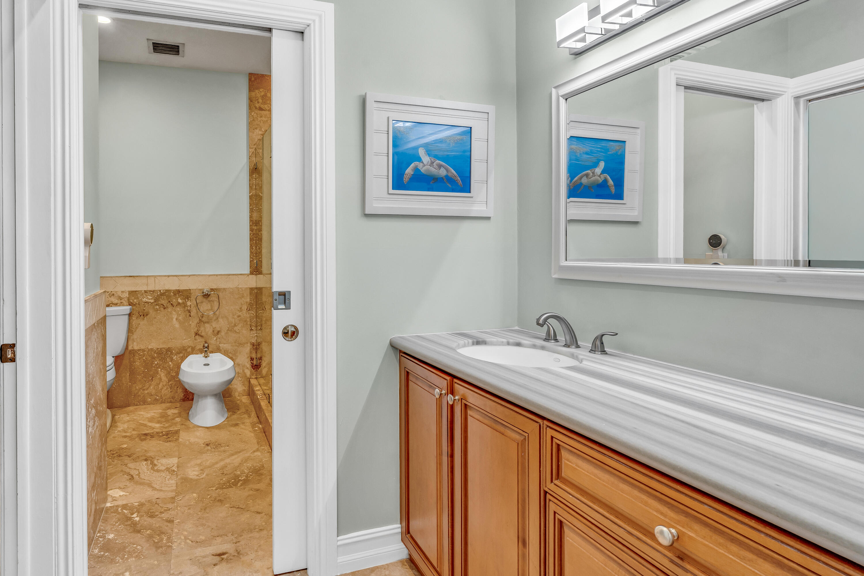 33 Blue Runner Street Key Largo, FL 33037 - Photo 24 of 60 a bathroom with a granite countertop sink a mirror and a shower