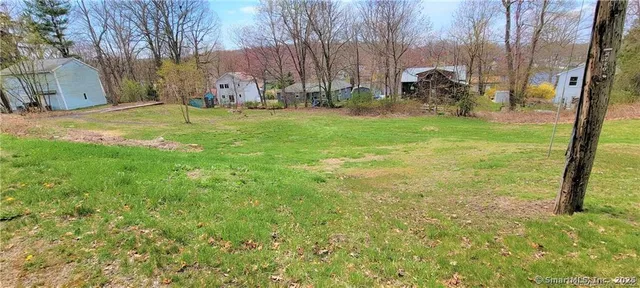 a view of a park with large trees
