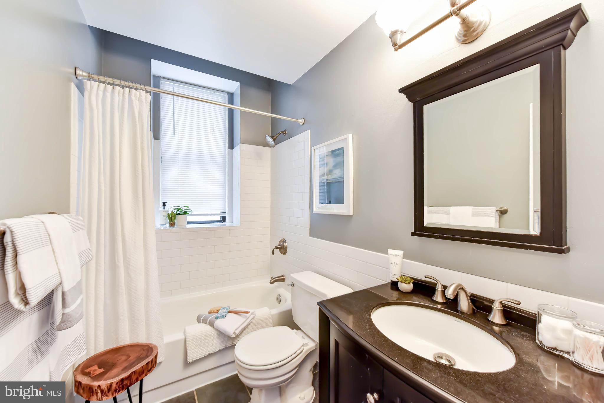 520 E Street Northeast, Unit 401 Washington, DC 20002 - Photo 14 of 23 a bathroom with a granite countertop sink toilet a mirror and a shower