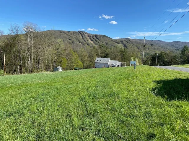 a view of a green field with mountains in the background