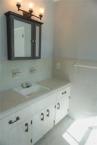 a bathroom with a sink and a mirror