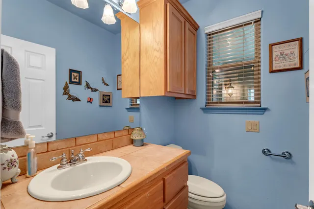 a bathroom with a sink a toilet and a mirror