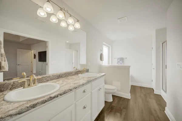 a bathroom with a sink double vanity and a mirror