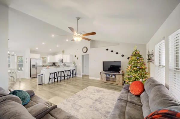 a living room with furniture potted plant and a chandelier