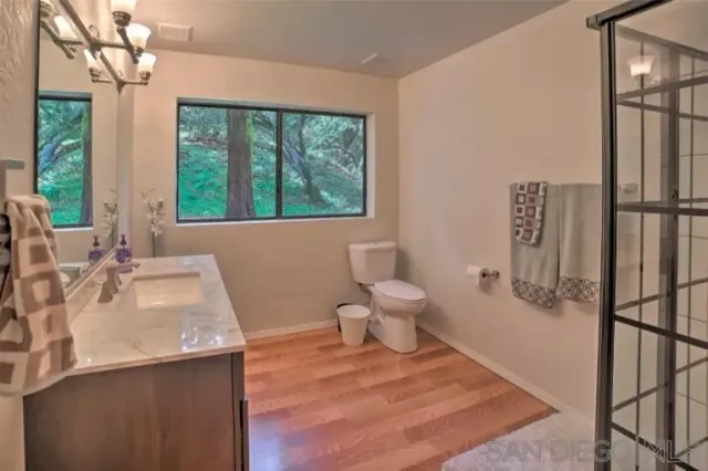 a bathroom with a sink toilet and shower