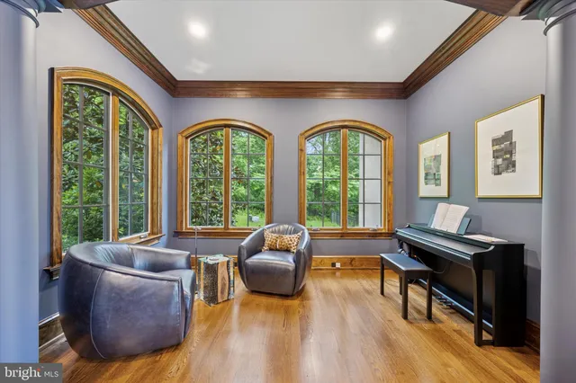 a living room with furniture a fireplace and a chandelier