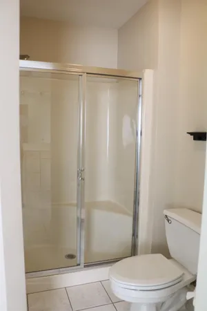 a white toilet sitting next to a shower