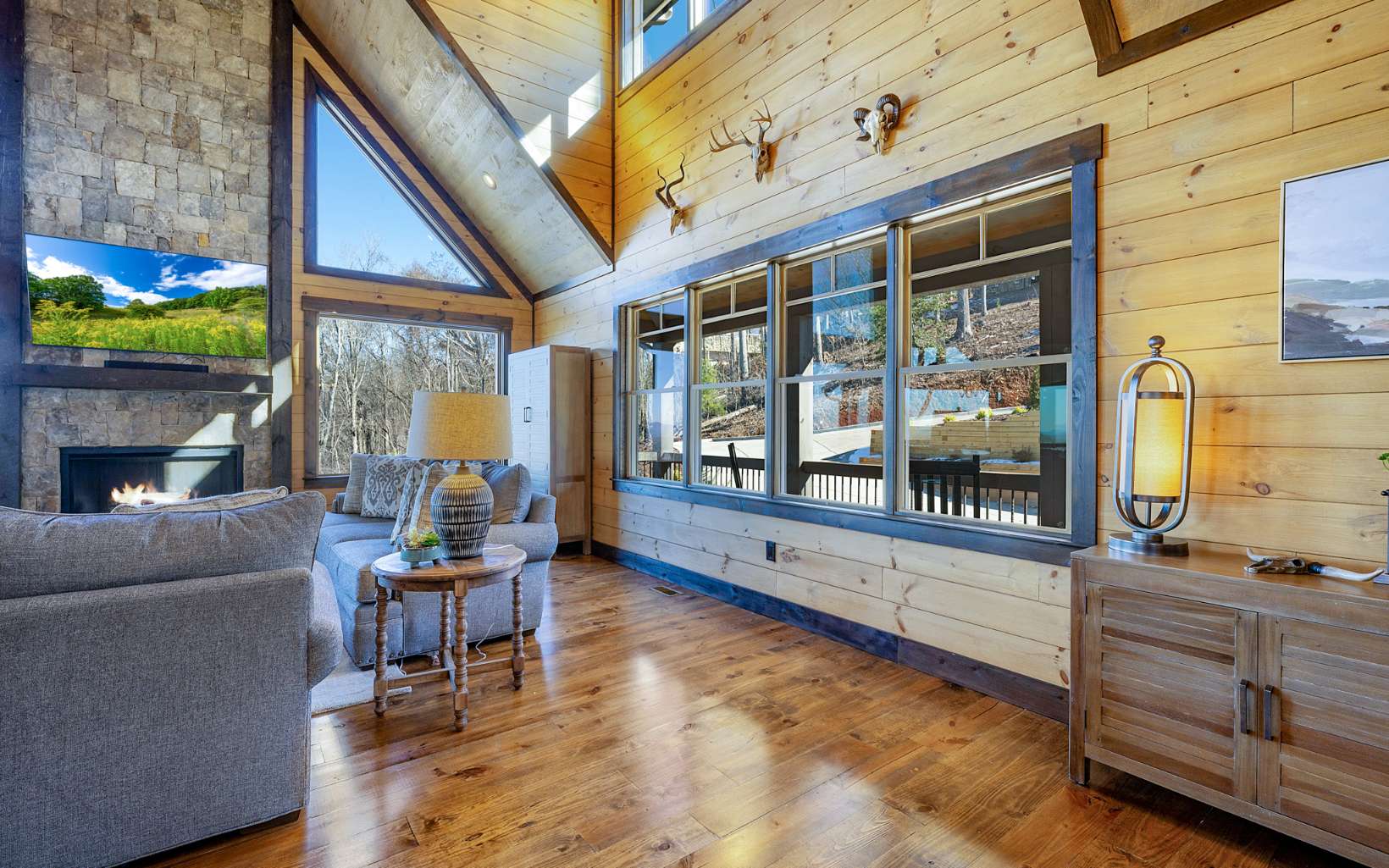 810 Overlook Drive Blue Ridge, GA 30513 - Photo 12 of 56 a living room with fireplace furniture and a floor to ceiling window