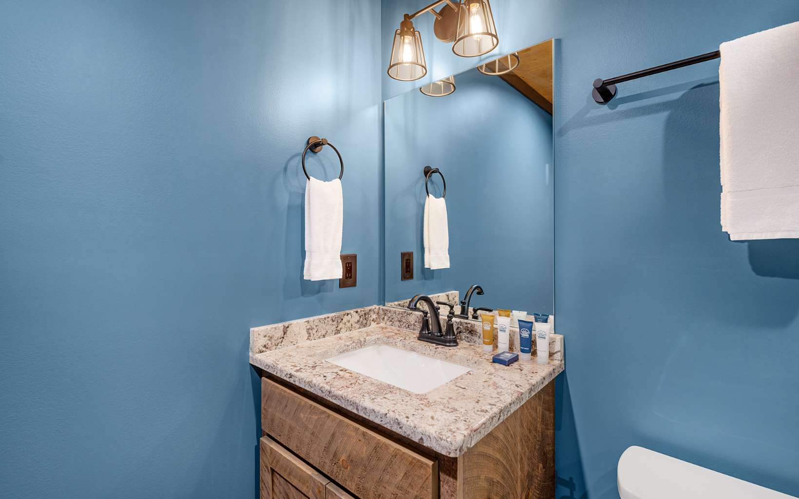 810 Overlook Drive Blue Ridge, GA 30513 - Photo 36 of 56 a bathroom with a granite countertop sink and a mirror