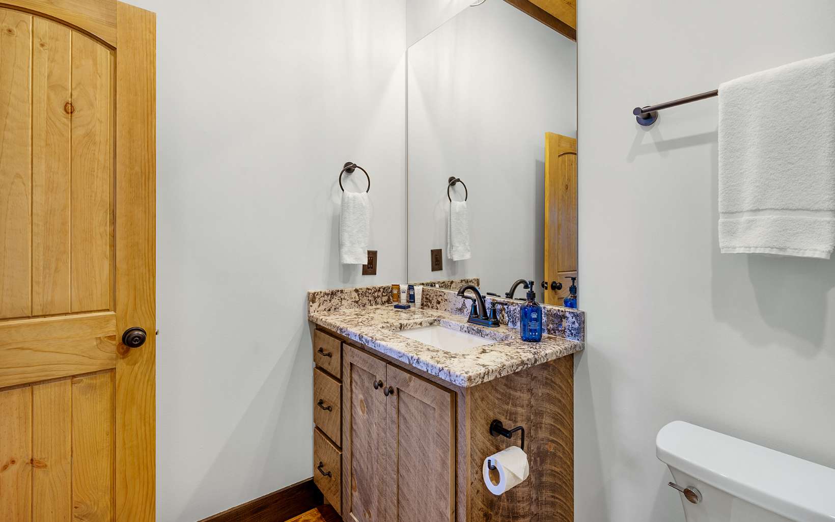 810 Overlook Drive Blue Ridge, GA 30513 - Photo 40 of 56 a bathroom with a granite countertop sink and a mirror