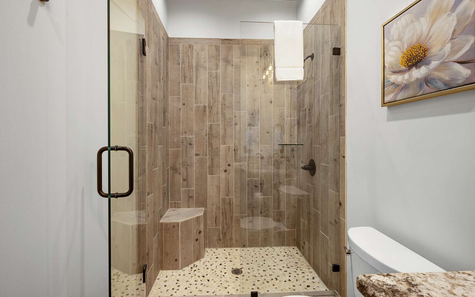 810 Overlook Drive Blue Ridge, GA 30513 - Photo 46 of 56 a bathroom with a granite countertop shower and a toilet