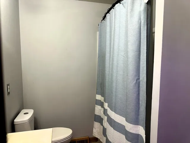 a white toilet sitting next to a shower curtain
