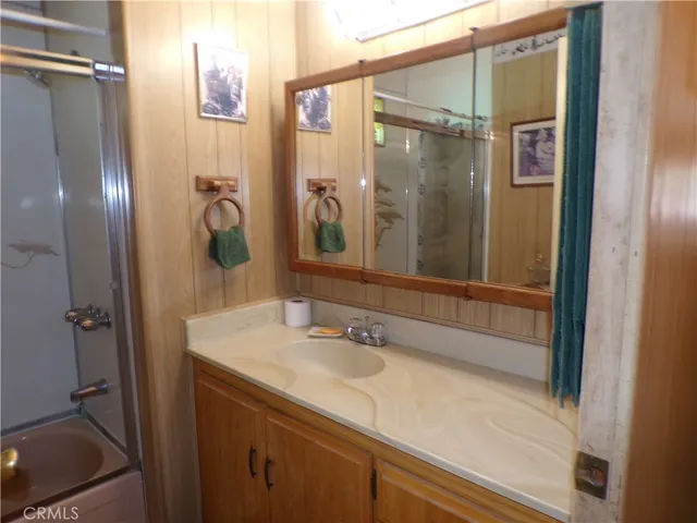 a bathroom with a shower sink and mirror