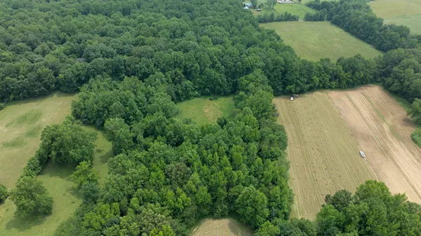 an aerial view of residential house with outdoor space and trees all around