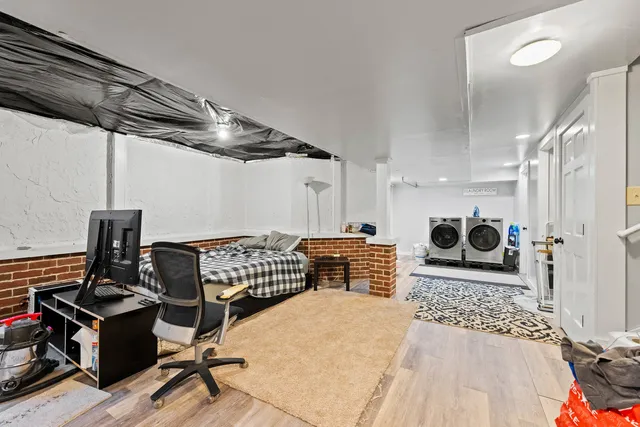 a bedroom with furniture