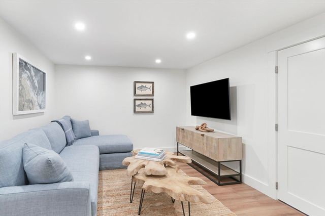 a living room with furniture a rug and a potted plant