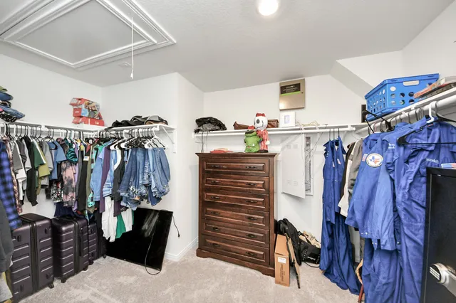 a storage room with ceiling fan and windows