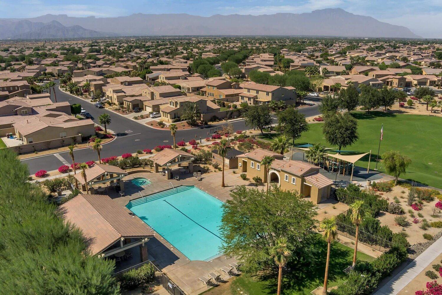 82515 Grass Flat Lane Indio, CA 92203 - Photo 32 of 44 an aerial view of a house with a garden