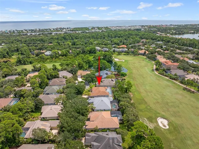 an aerial view of residential houses with outdoor space and trees