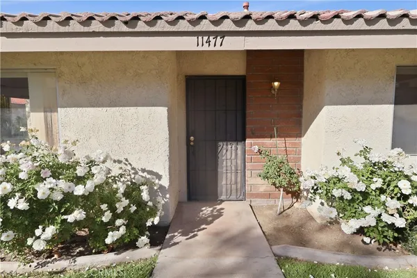 a couple of potted plants sitting in front of a door