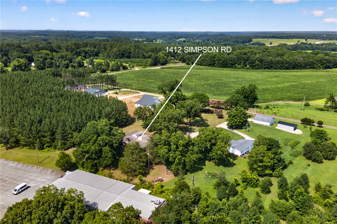 1412 Simpson Road Pendleton, SC 29670 - Photo 37 of 48 An aerial perspective reveals a serene countryside estate nestled among verdant fields and mature trees.