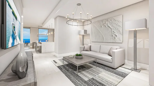 a living room with furniture a large window and a chandelier