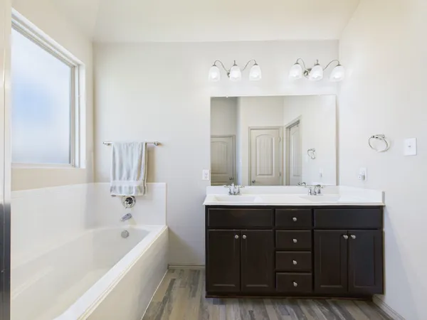 a bathroom with a tub sink double vanity granite and mirror