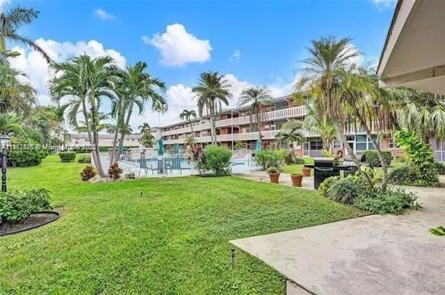 a view of a garden with a palm tree