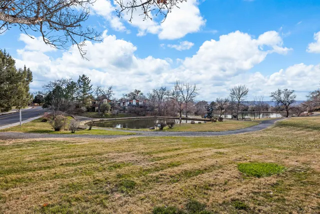 a view of a lake with houses in the back