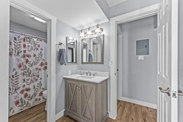 a bathroom with a sink a mirror a vanity and a shower